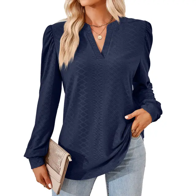V neck Jacquard Long Sleeve Loose fitting T shirt Top Ladies Navy Blue - Shop at LoveMi