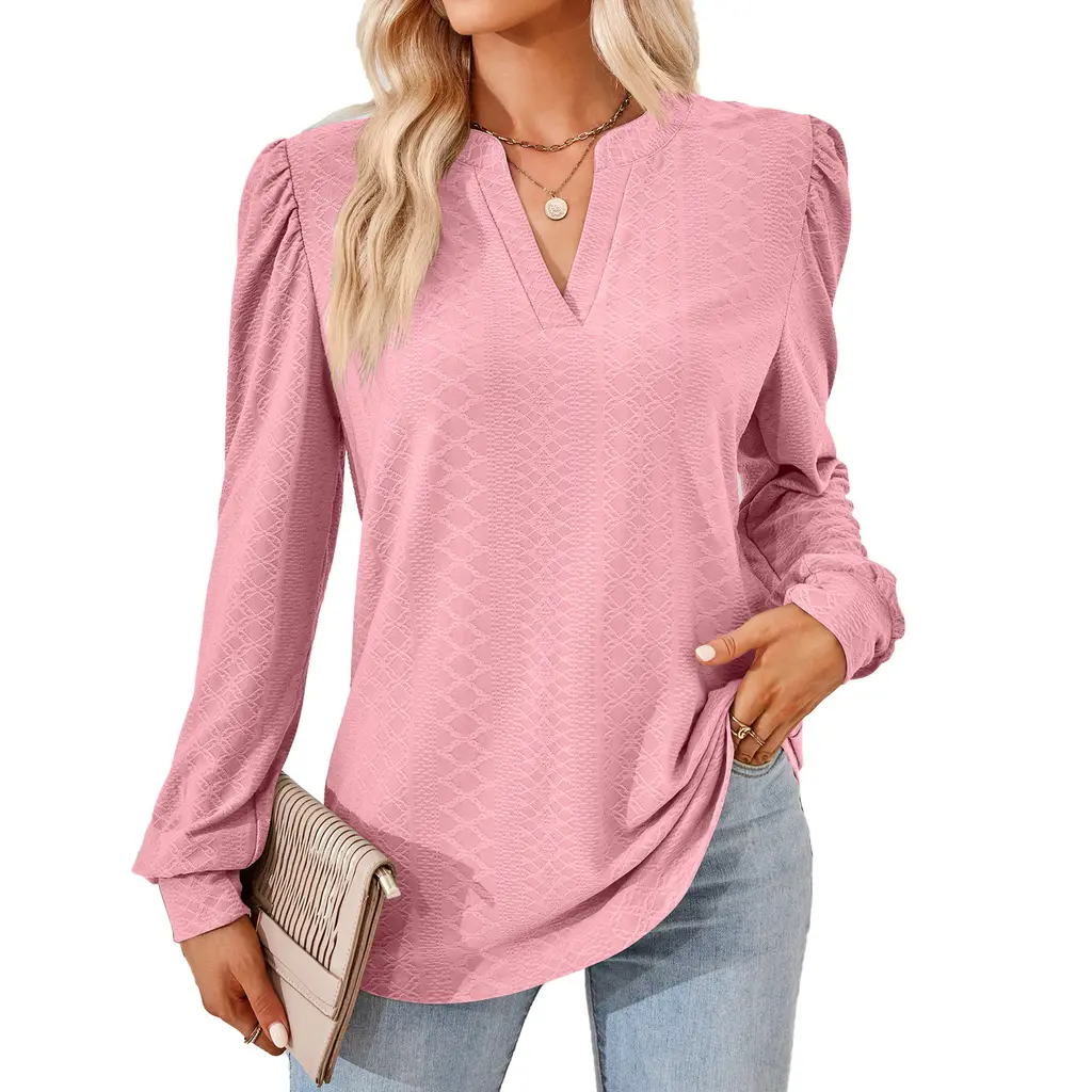 V-neck Jacquard Long Sleeve Loose-fitting T-shirt Top Ladies - Pink