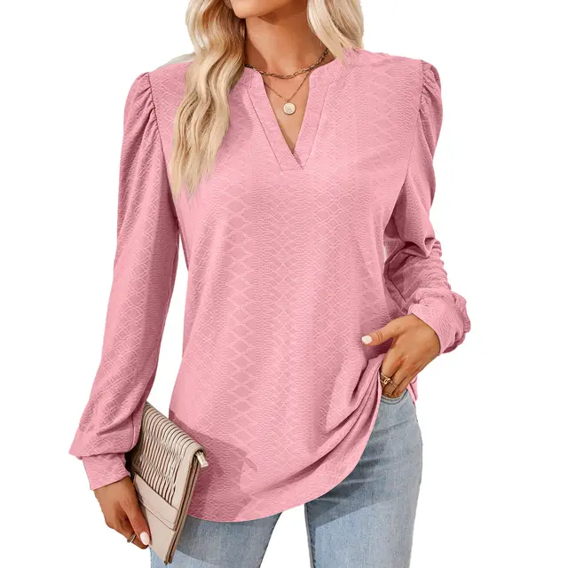 V neck Jacquard Long Sleeve Loose fitting T shirt Top Ladies Pink - Shop at LoveMi