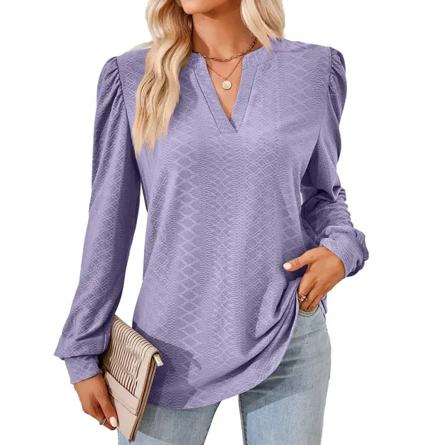 V neck Jacquard Long Sleeve Loose fitting T shirt Top Ladies Purple - Shop at LoveMi