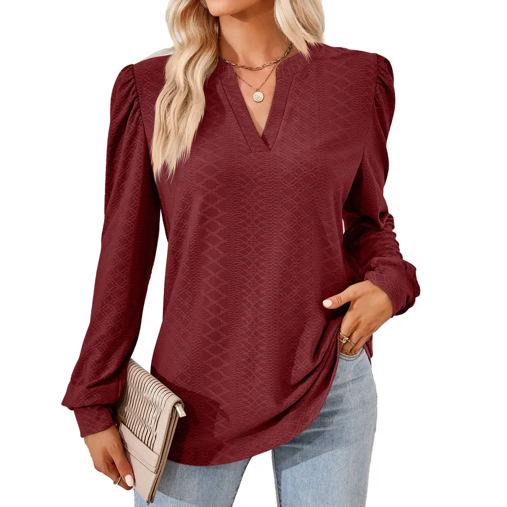 V-neck Jacquard Long Sleeve Loose-fitting T-shirt Top Ladies - Wine Red