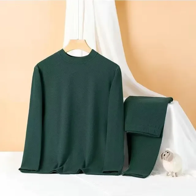 Fleece lined Casual Warm Keeping Sports Men's Thickened Women's Long Sleeve Undershirt Long Johns Suit Dark Green - Shop at LoveMi