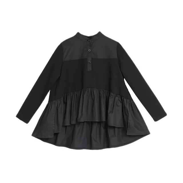Long Sleeve Slimming Patchwork Baby Shirt Top Black - Shop at LoveMi