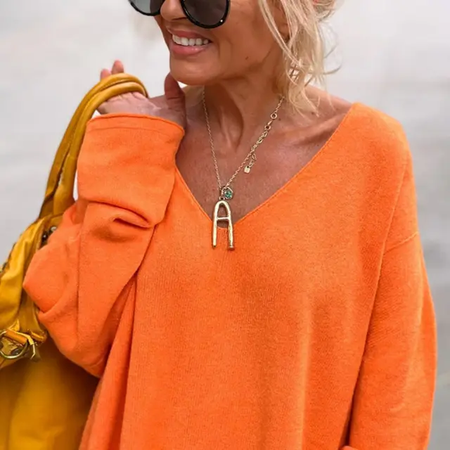 Solid Color And V neck Long Sleeve Loose Casual Top Orange Red - Shop at LoveMi