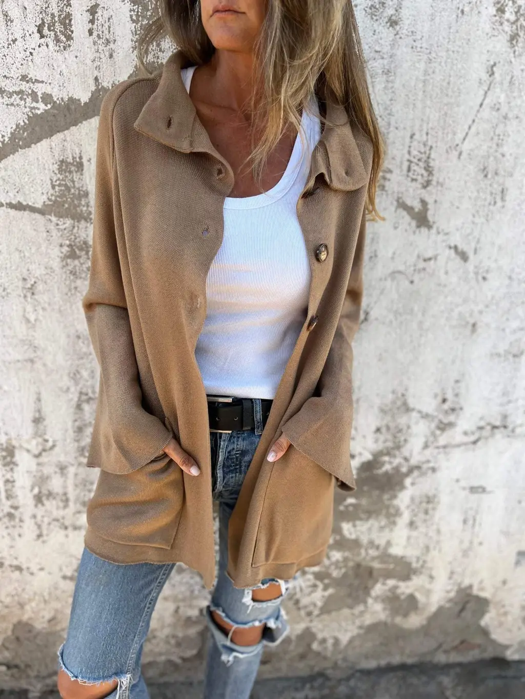 Ins Single Breasted Lapel Knitted Coat Fashion Pocket Long Sleeve Cardigan Jacket Women's Clothing - Khaki