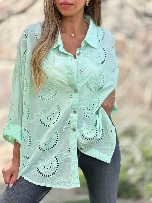 Women's Shirt Collar Loose Embroidery Hollow Out Light Green - Shop at LoveMi
