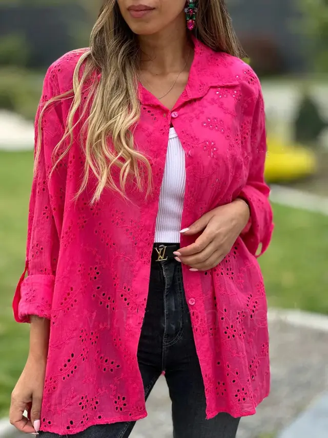 Women's Shirt Collar Loose Embroidery Hollow Out Rose Red - Shop at LoveMi