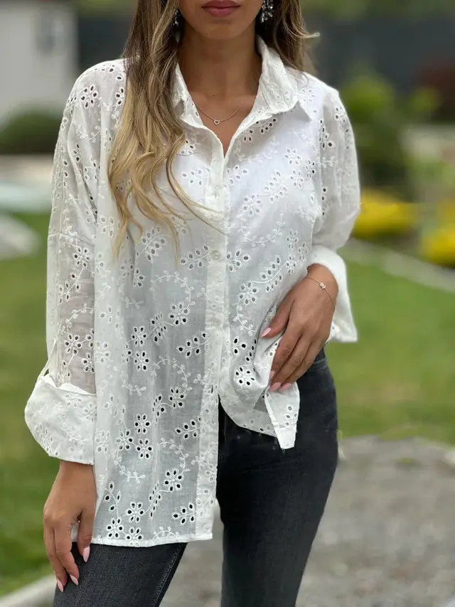 Women's Shirt Collar Loose Embroidery Hollow Out White - Shop at LoveMi
