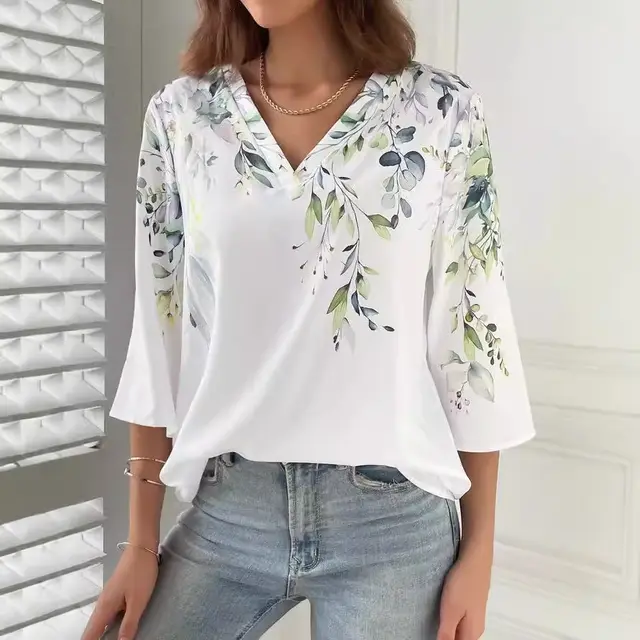 Women's 3D Printed V neck Pullover T shirt Casual Top White - Shop at LoveMi