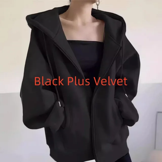 Maillard Vintage Zipper Hooded Sweater For Women Spring And Autumn Black Plus Velvet - Shop at LoveMi