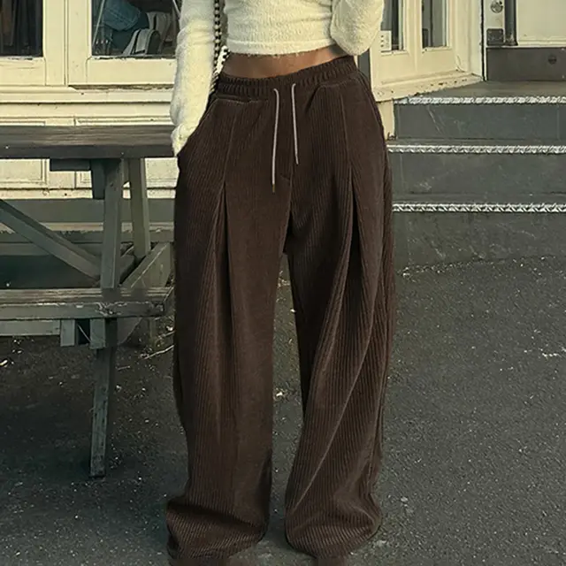 Cross border European And American New Corduroy Knitted Wide leg Pants Brown - Shop at LoveMi