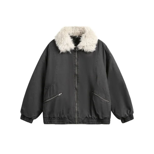 New Winter Cotton Dress Coat Detachable Fur Collar Gray - Shop at LoveMi