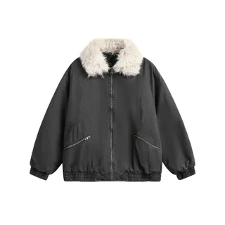 New Winter Cotton Dress Coat Detachable Fur Collar - Gray