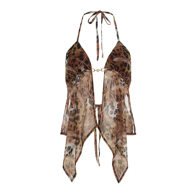 European And American Hot Girl Leopard Print Mesh Camisole Top Brown - Shop at LoveMi