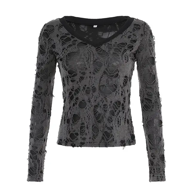 European And American Dark Style V neck Hole Stitching T shirt Black - Shop at LoveMi