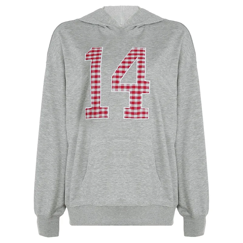 European And American Embroidery Digital Hooded Sweater - Gray