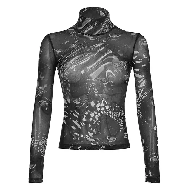American Turtleneck Blooming Printed Mesh Bottoming Shirt Top Black - Shop at LoveMi
