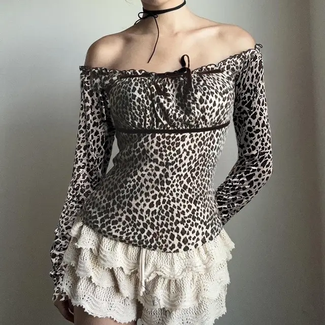 European And American Leopard Print Long Sleeve Top For Women Brown - Shop at LoveMi