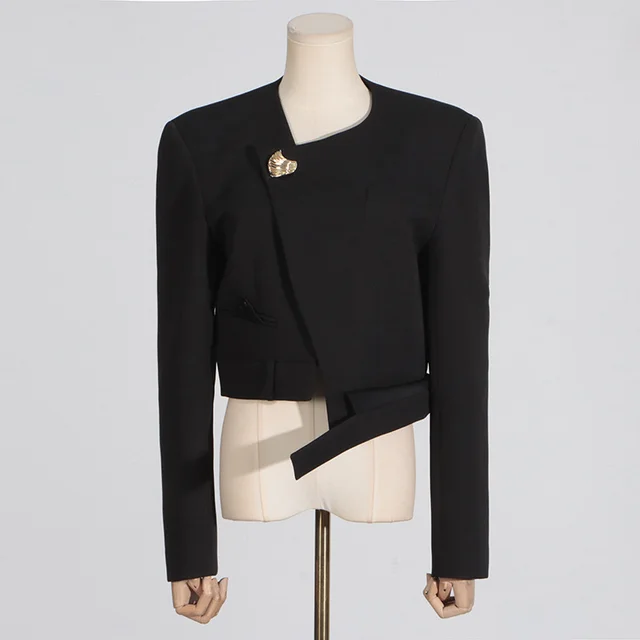 Autumn New Solid Color Pocket Stitching Irregular Suit Black - Shop at LoveMi