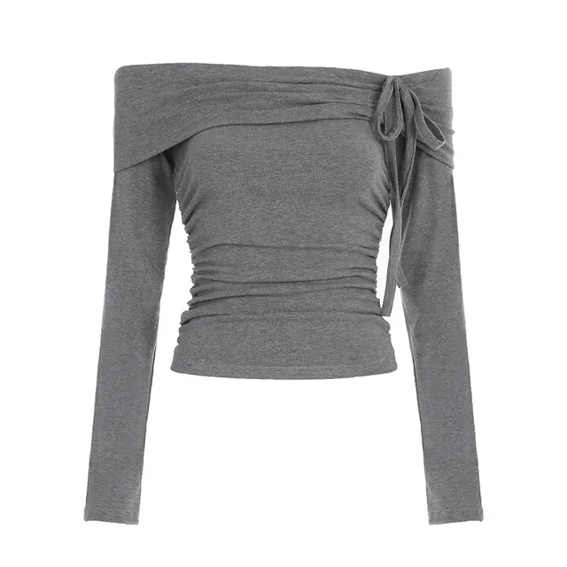 Women's Bow Pleating Waist Trimming Knitted Long sleeved Top Gray - Shop at LoveMi