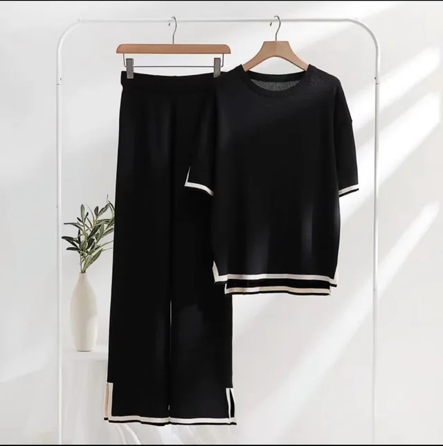 Color Contrast Split Short sleeved Knitwear High waisted Slimming Wide leg Trousers Long Pants Black - Shop at LoveMi