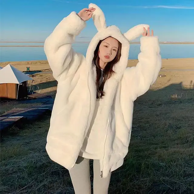 Rabbit Ears Lamb Wool Fleece lined Thick Zipper Hooded Sweater For Women White - Shop at LoveMi