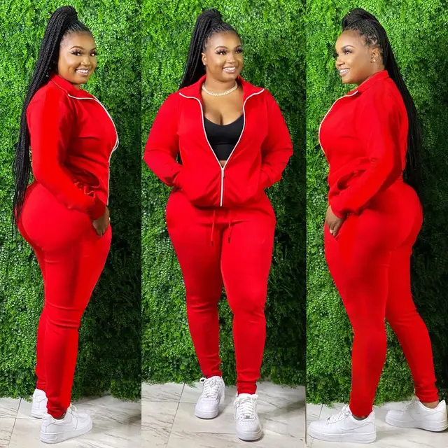 Solid Color Zipper Pocket Long Sleeve Coat Trousers Sports Two piece Set Red - Shop at LoveMi