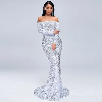Sexy Strapless Long Sleeve Sequins Party Evening Dress White - Shop at LoveMi