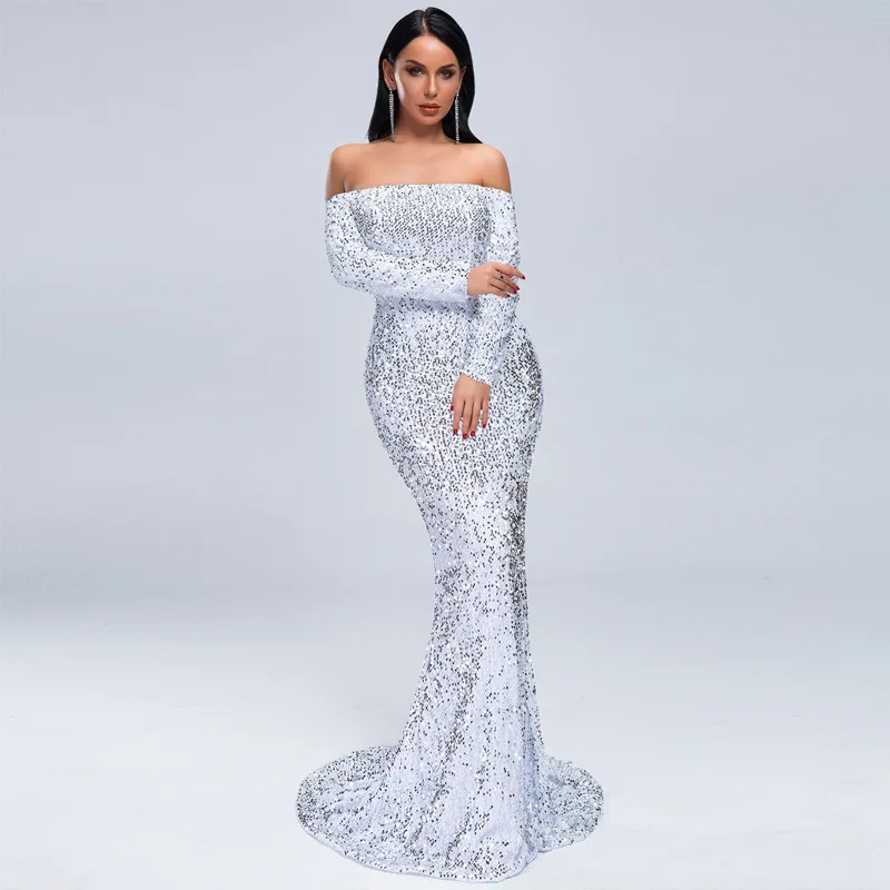 Sexy Strapless Long Sleeve Sequins Party Evening Dress White - Shop at LoveMi