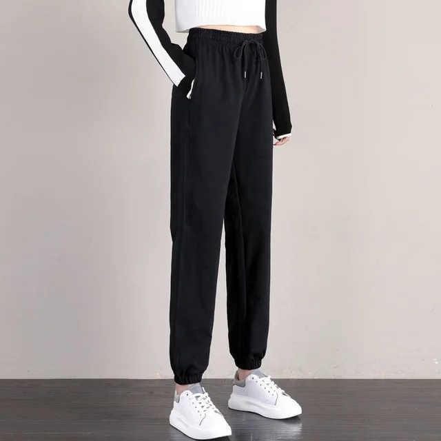 Pure Cotton Track Pants Female Loose Tappered Thin Black - Shop at LoveMi