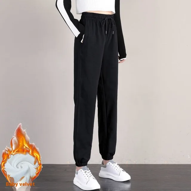 Pure Cotton Track Pants Female Loose Tappered Velvet Black - Shop at LoveMi