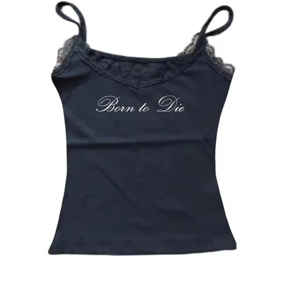 Sleeveless Lace Letter Print Sling Short Top Black 1 - Shop at LoveMi