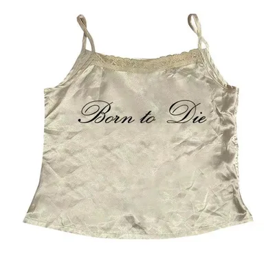 Sleeveless Lace Letter Print Sling Short Top Creamy White - Shop at LoveMi