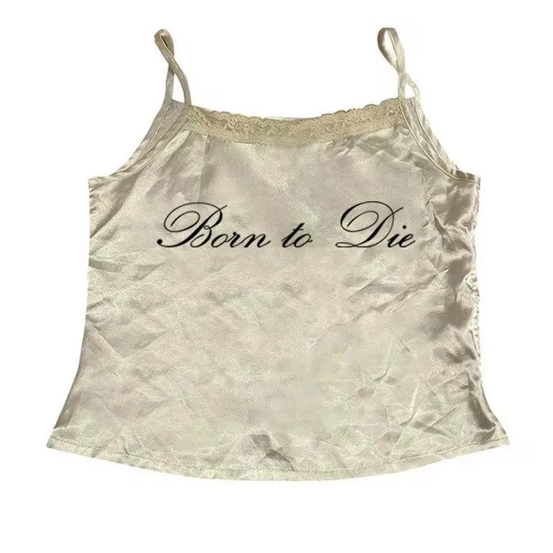 Sleeveless Lace Letter Print Sling Short Top Creamy White - Shop at LoveMi