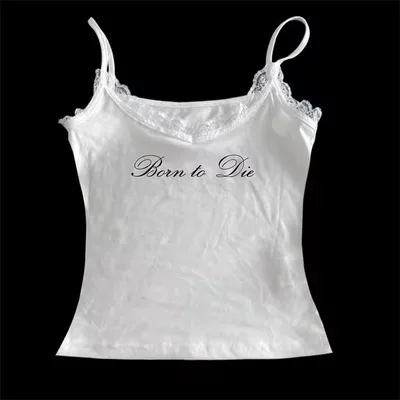 Sleeveless Lace Letter Print Sling Short Top White 1 - Shop at LoveMi