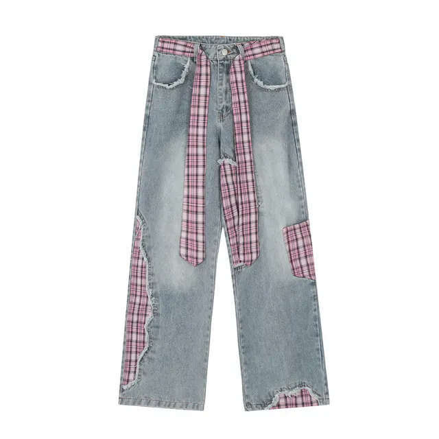 Design Frayed Plaid Stitching Jeans Blue - Shop at LoveMi