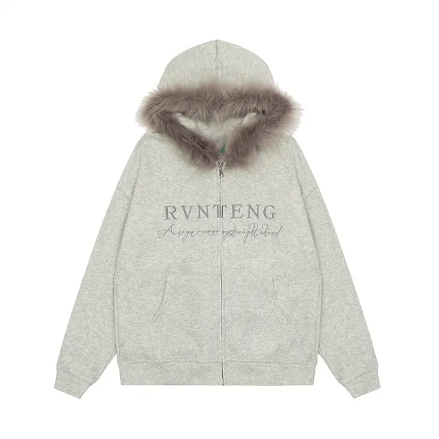 American Retro Alphabet Embroidery Fur Collar Hood Brushed Hoody Gray - Shop at LoveMi