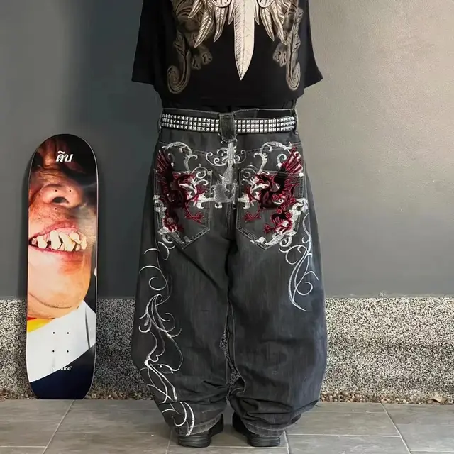 Retro American Style Loose Embroidered Straight Pants Black - Shop at LoveMi