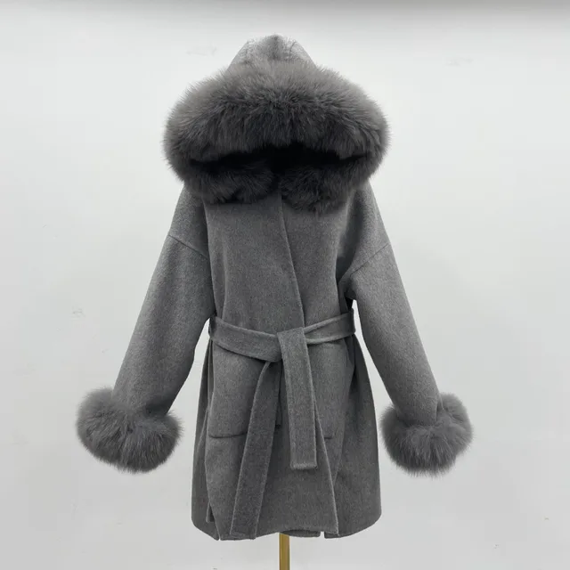 Oversized Fur Collar Hood Double sided Woolen Coat Gray - Shop at LoveMi