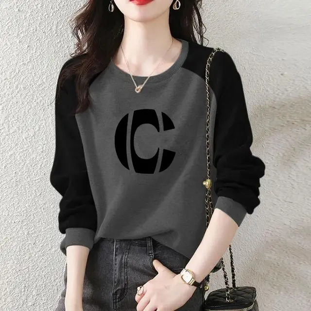 Double sided Dralon Round Neck Long sleeved T shirt Letter C Gray - Shop at LoveMi