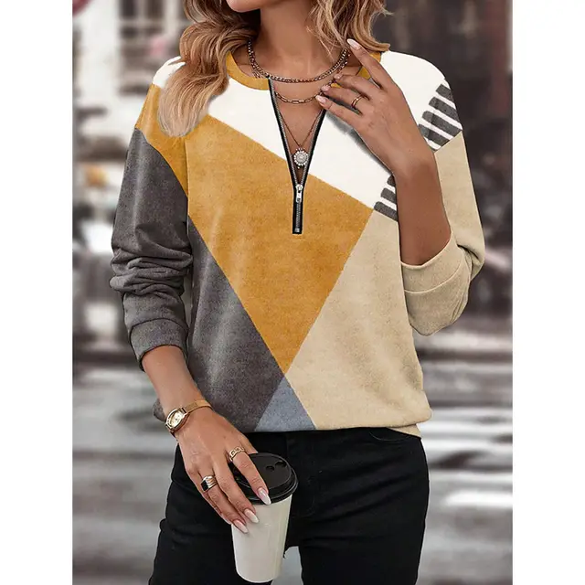 Geometric Stitching Half Zipped Round Neck Long Sleeve Women's Polo Shirt G43Z752Color - Shop at LoveMi