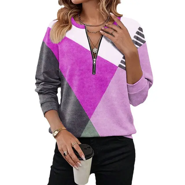 Geometric Stitching Half Zipped Round Neck Long Sleeve Women's Polo Shirt G43Z753Color - Shop at LoveMi