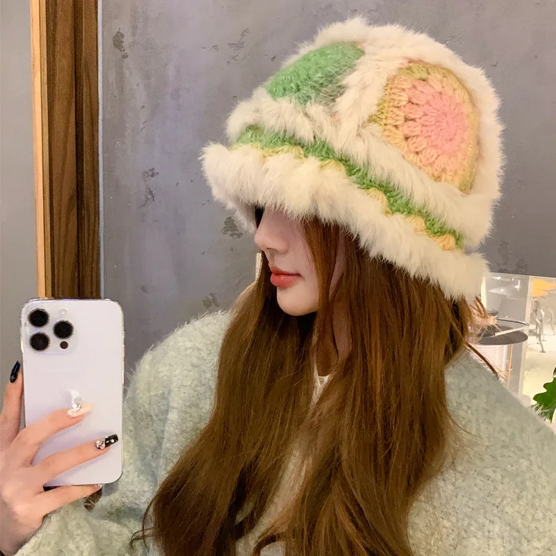 Handmade Knitted Woolen Warm Furry Hat Showing Face Small Bucket Cap Beige - Shop at LoveMi