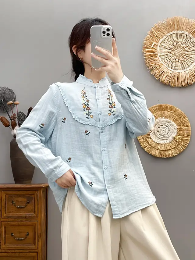 2830 Collar Embroidered Lace Cotton Yarn Long Sleeve Shirt Blue - Shop at LoveMi