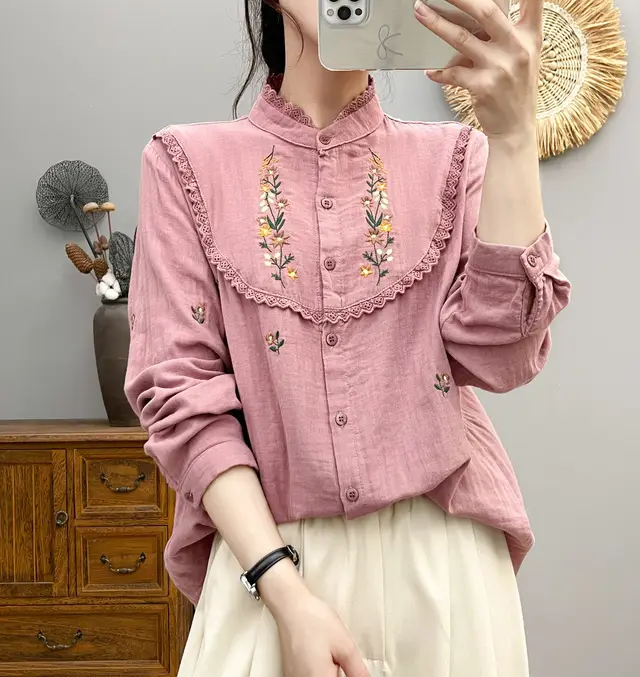 2830 Collar Embroidered Lace Cotton Yarn Long Sleeve Shirt Cameo Red - Shop at LoveMi