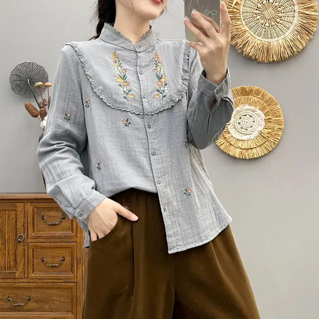 2830 Collar Embroidered Lace Cotton Yarn Long Sleeve Shirt Gray - Shop at LoveMi