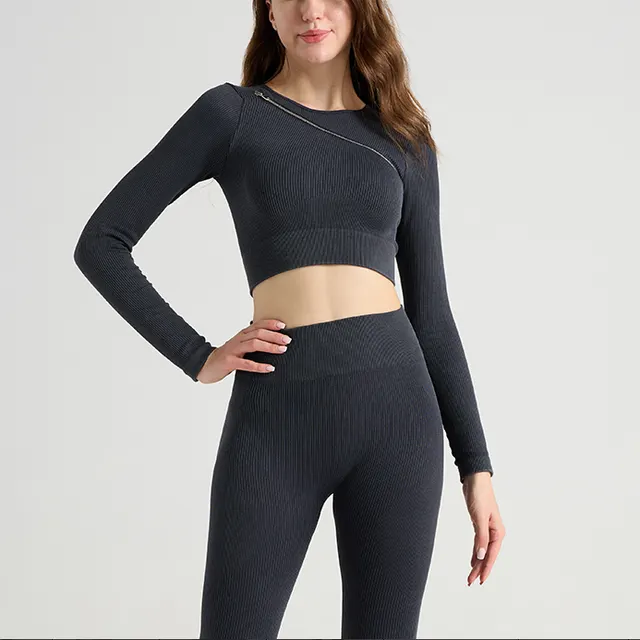 Diagonal Zipper Threaded Frosted Long Sleeve Black - Shop at LoveMi