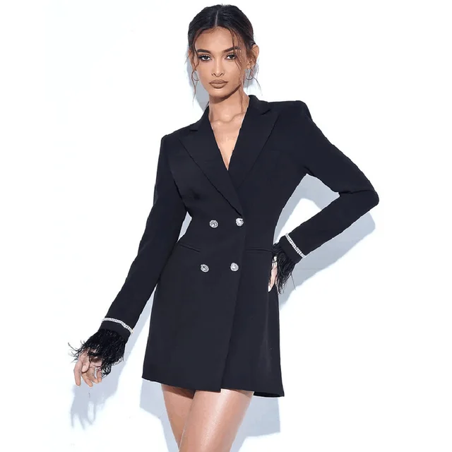 Women's Feather All match Double Breasted Slim Fit Backless Business Suit And Dress Black - Shop at LoveMi