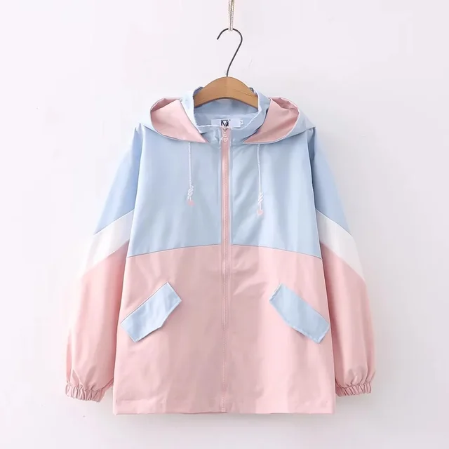 College Style Loose Stitching Hooded Long sleeved Casual Trench Coat Women Blue And Pink - Shop at LoveMi