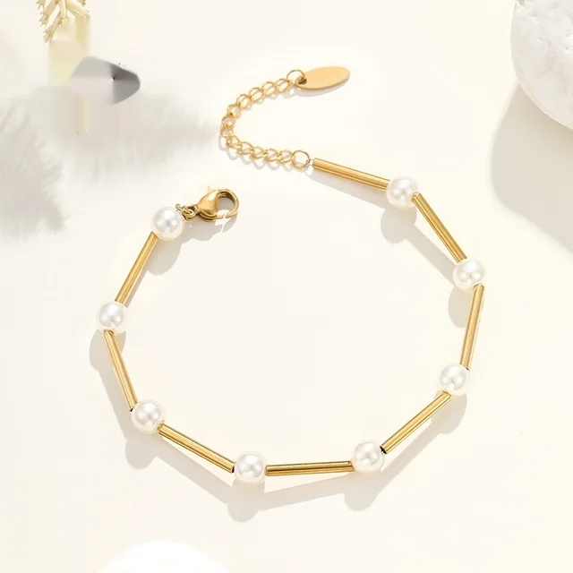 French Retro Artificial Pearl Bracelet Metal 14K Gold Plated About 17Cm - Shop at LoveMi